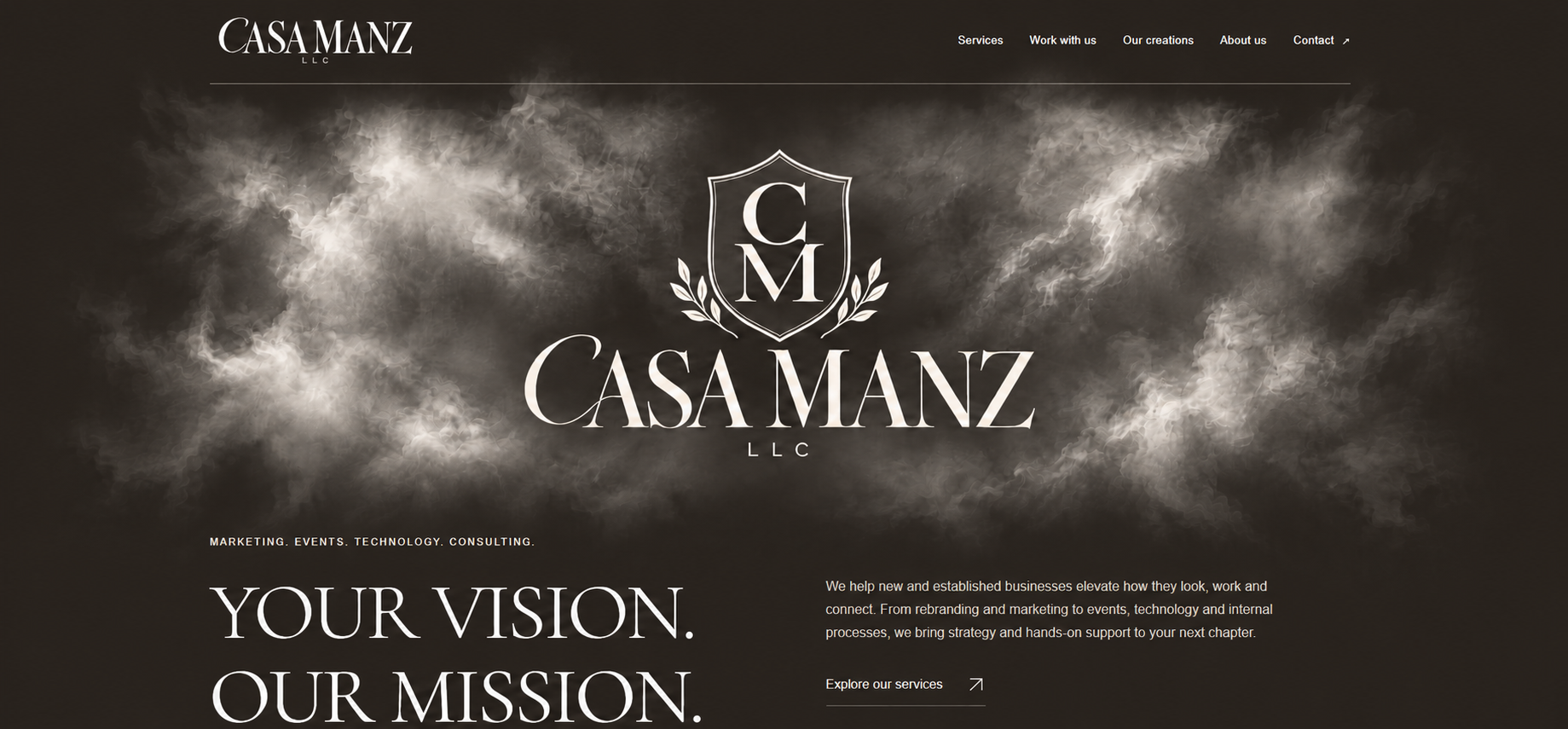 CASA MANZ LLC — the Maison wordmark beneath a CM heritage shield, surrounded by soft gray clouds